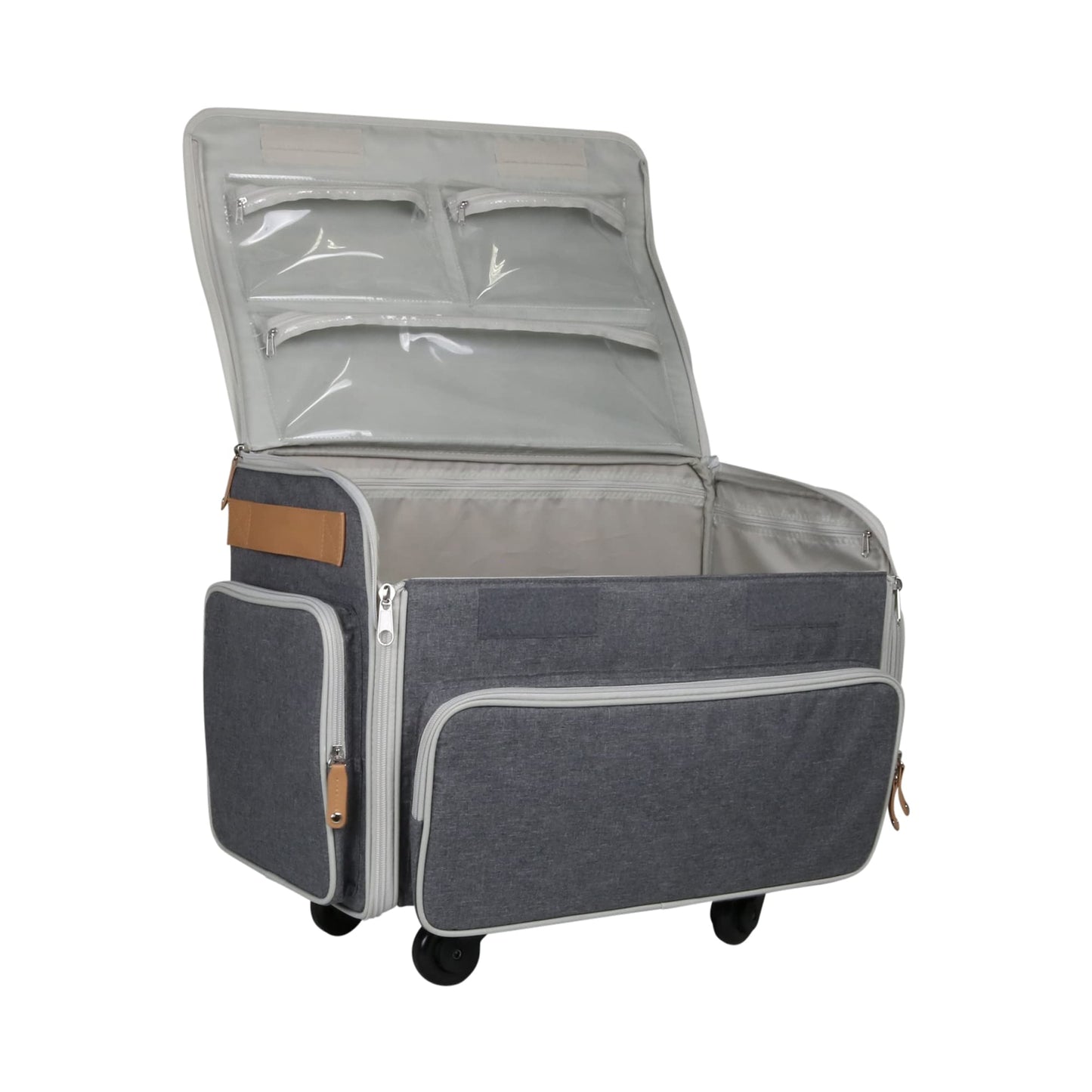 Everything Mary XL Rolling Sewing Machine Case – Heather Grey Craft Bag with 4 Wheels – Collapsible Organizer Compatible with Brother, Singer & Most Sewing Machines