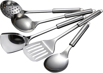 Cooking Utensils Set - 5pcs Stainless Steel Kitchen Utensils Set, Slotted Spoon, Slotted Spatula, Large Spoon, Soup