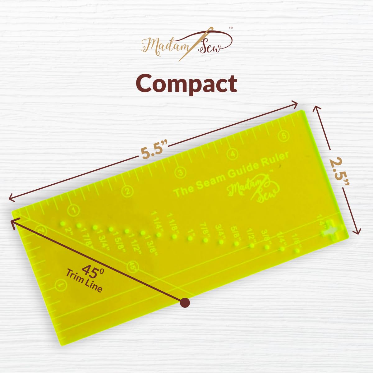 Madam Sew Seam Allowance Ruler & Magnetic Seam Guide for Sewing Machine | Perforated Seam Guide Ruler & Gauge for Perfect 1/8”- 2” Straight Line Hems | Includes 1/4” Pivot Point & 45 Degree Trim Line