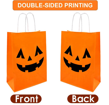 100 Pieces Halloween Pumpkin Gift Bags Trick or Treat Kraft Paper Candy Goodie Bags with Handle for Halloween Party Favors Supplies