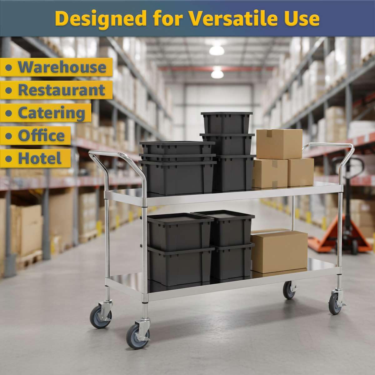 18" x 58" x 37" Stainless Steel Two Shelf Utility Cart - Commercial Heavy-Duty NSF Service Cart with Handles, Storage Rolling Shelving for Warehouse, Office, Food Service
