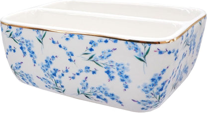 2 Countertop Compartments Ceramic Sponge Holder for Kitchen Sink, Cute Floral Dish Sponges Holder Soap Sink Organizer