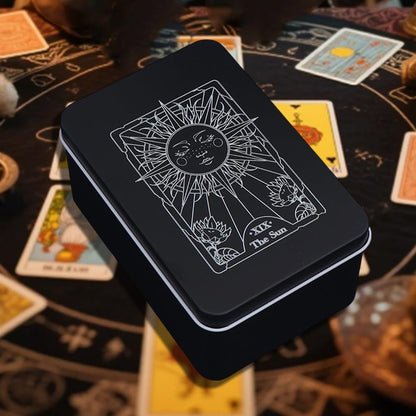 CREATCABIN Iron Tarot Cards Storage Box Tarot Card Holder Box Black Sun Metal Trinkets Case Tin Tarot Card Collection Boxes Deck Cases for Jewelry Fortune Telling Witchcraft Decor 3x5x2Inch