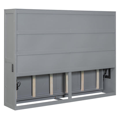 Ball & Cast Full Size Wall Cabinets Murphy Bed with Charging Station and Slat Support,Wood Hideaway Cabinet Platform Beds w/Leg & Lock,can be Folded,Space-Saving,for Small Room,Dorms,Gray