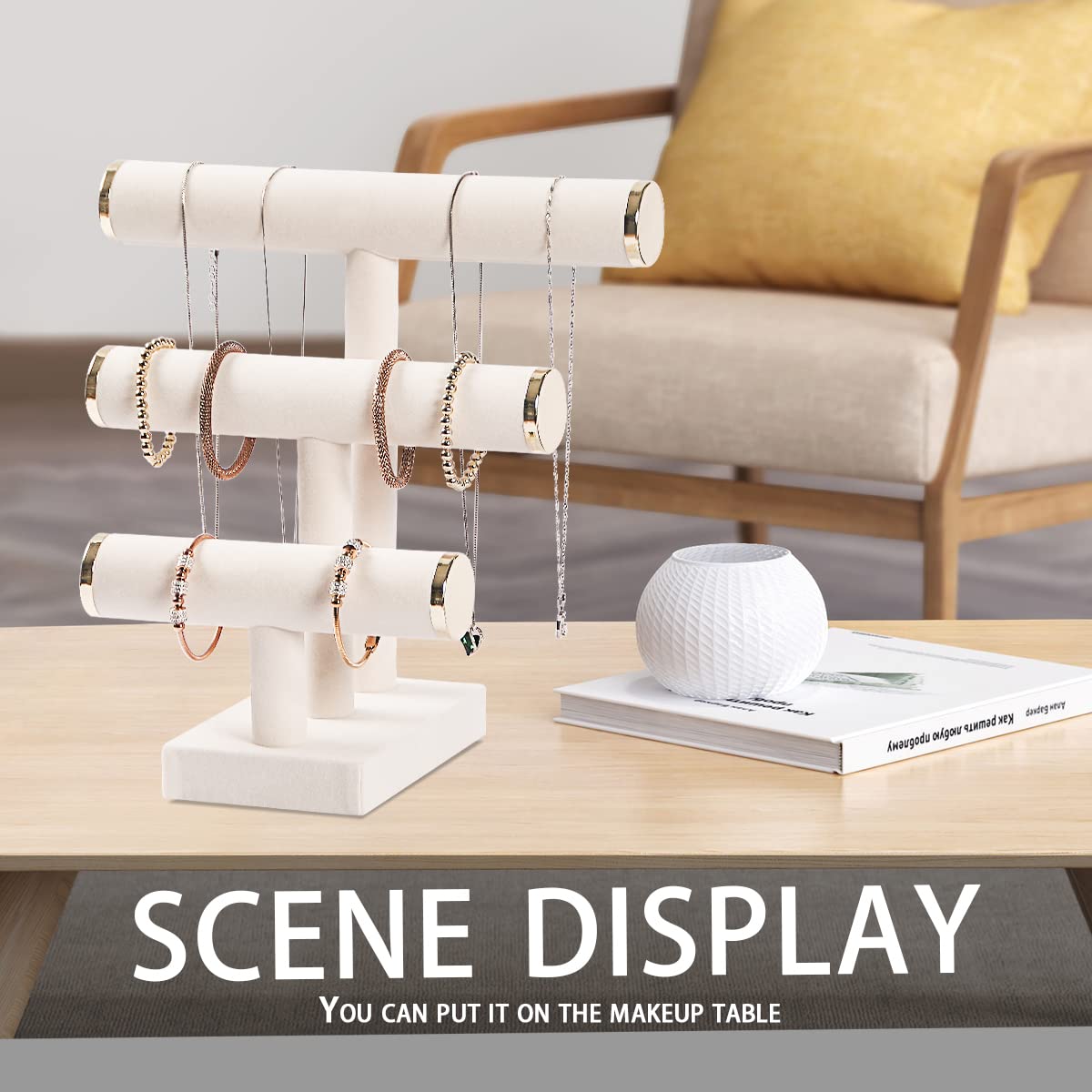 Pengup 3 Tier Bracelet Holder,Bracelet Display Stand with Metal Cap,Beige White Velvet Jewelry Organizer Displays for Necklace Scrunchies Watches Hair Ties.