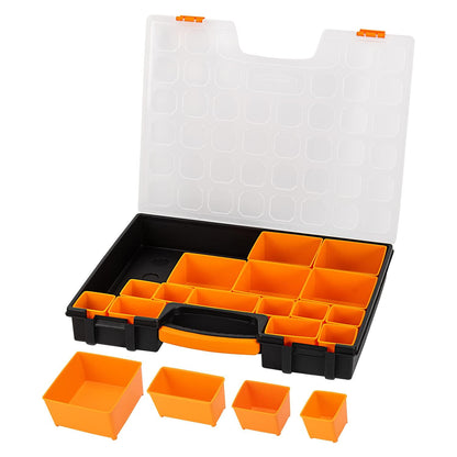 Amazon Basics 19-Removable Compartment Small Parts Organizer, Portable Hardware Storage Box with Customizable Compartments, Black, Orange, 16.5 x 13.2 x 2.4 inches