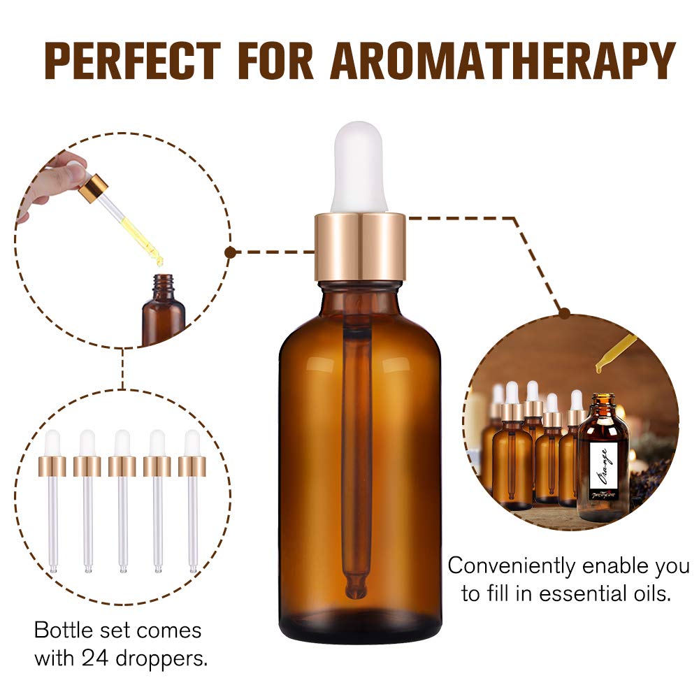 PrettyCare 1oz Glass Dropper Bottle Set of 24, Thick Amber Empty Bottles with Leakproof Golden Caps, Labels, Funnels - 30ml Eye Dropper Bottles for Storage, Essential Oils, Tincture