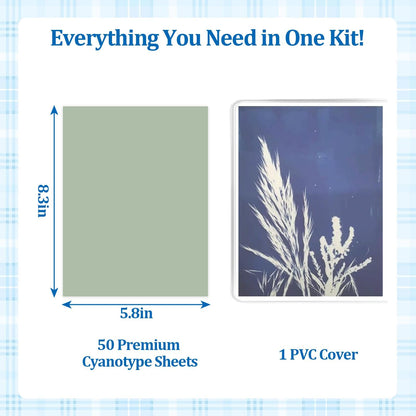 Sun Print Paper Kit Cyanotype Paper Blueprint Papers for Arts Crafts DIY Project High Sensitive Papers Fun Solar Craft Activities (50 Sheets & 1 PVC Cover)