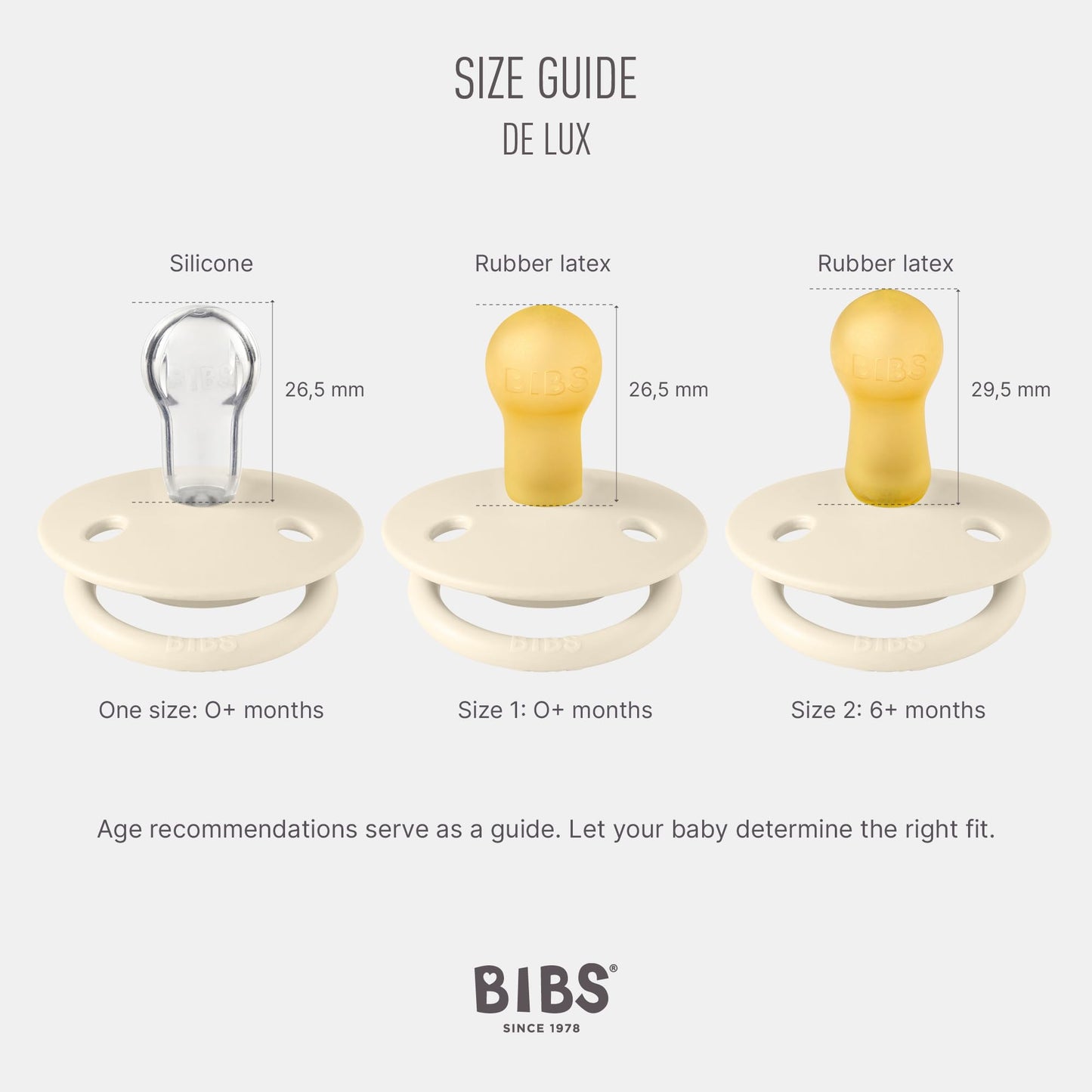 BIBS Pacifiers - De Lux Collection | BPA-Free Round Nipple | Silicone | Made in Denmark | Set of 2 Ivory/Sage Color Premium Soothers | Size One Size