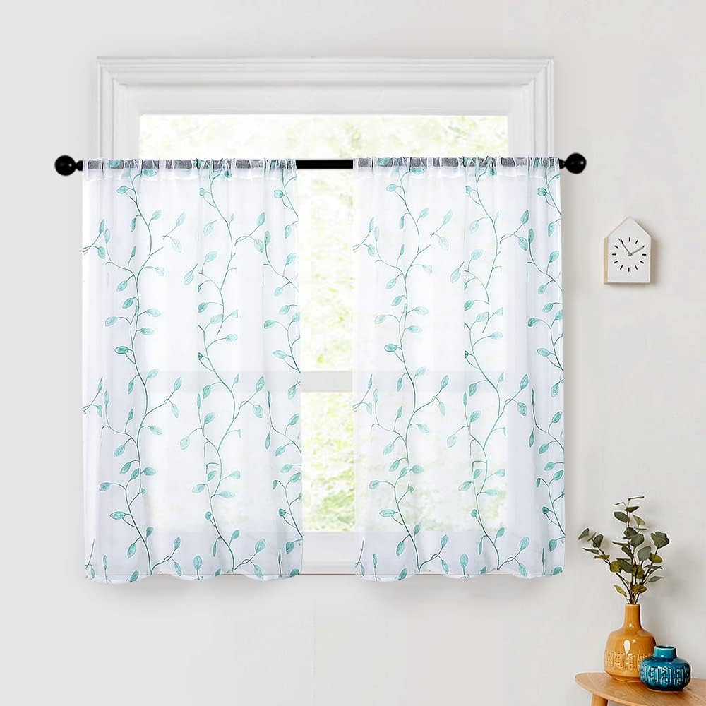 MRTREES Sheer Tier Curtains, Christmas Kitchen Tiers Rod Pocket, Leaf Embroidery Bathroom Curtain Panels, Aqua Blue