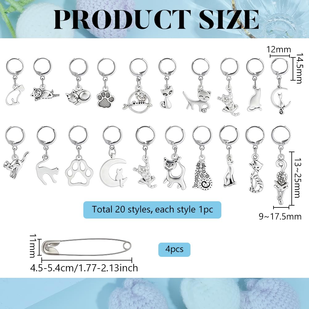PH PandaHall 20 Styles Cat Stitch Markers with 4PCS Safety Pins Paw Print Moon Crochet Stitch Marker Charms Antique Silver Kitten Knitting Locking Marker for Weaving Quilting Sewing Jewelry Making