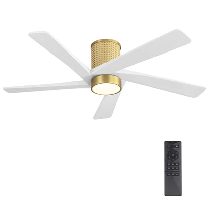 WINGBO 54 Inch Flush Mount Rattan Ceiling Fan, 3CCT Dimmable Light, 5 Carved Wood Blades, 6-Speed Reversible DC Motor, Modern Ceiling Fans for Indoor, Aged Brass Finish and White Blades