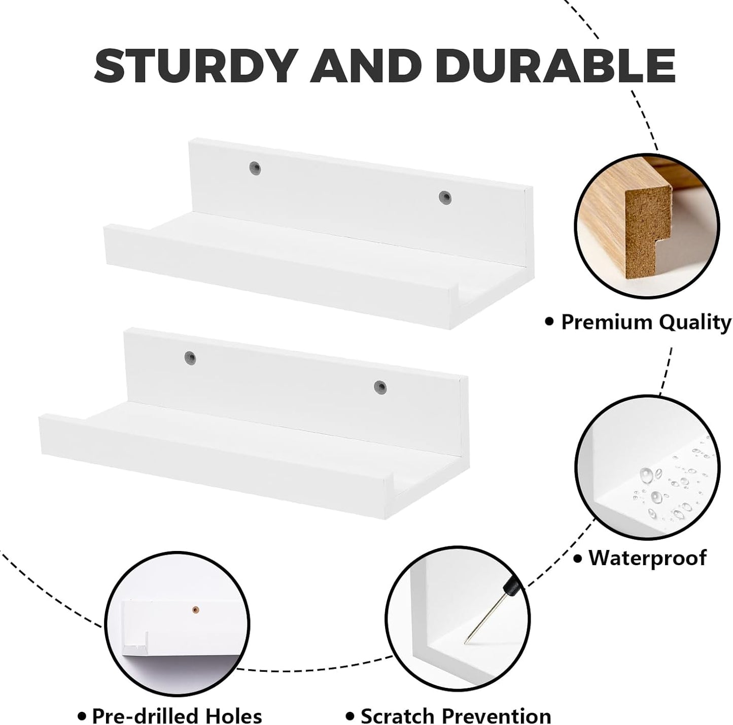 12" Set 2 Muzilife Small Floating Wall Ledge Shelves with Lip - of Wood Floating Shelves - White Wall Mounted Picture