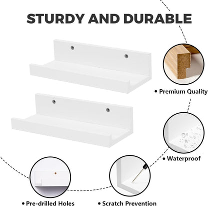 12" Set 2 Muzilife Small Floating Wall Ledge Shelves with Lip - of Wood Floating Shelves - White Wall Mounted Picture