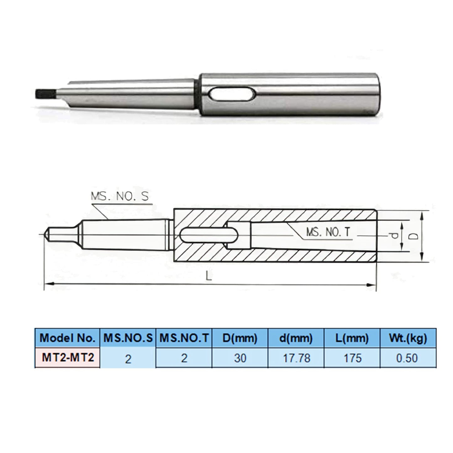 Extension Sleeve with External and Internal Morse Taper MT2 to MT2, Precision Version, 30mm Diameter X 175mm Length, Heavy Duty Woodworking Lathe Tailstock Live Center Crown, Drill Tool