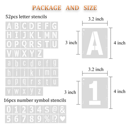 3 Inch Letter Stencils Symbol Numbers Stencil, 68 Pcs Reusable Alphabet Art Craft Templates Interlocking Stencils Kit for Painting on Wood, Wall, Glass, Fabric, Rock, Canvas, Chalkboard, Sign（3Inch）