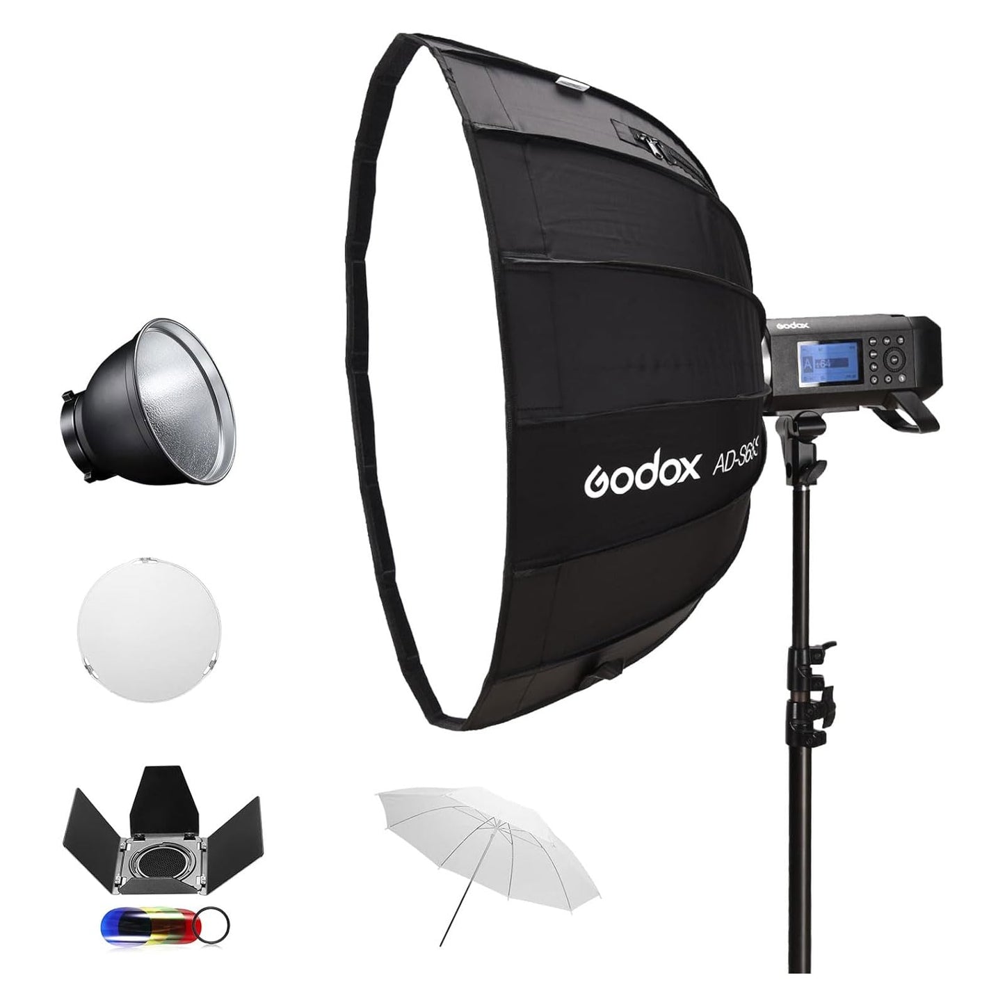Godox AD400Pro 400Ws Studio Outdoor Strobe Flash Kit, TTL 1/8000s HSS 2.4G GN72 Monolight Light, Lithium Battery with AD-S65S 26"/65cm Godox Mount Grid Softbox, Barn door, Umbrella, Standard Reflector