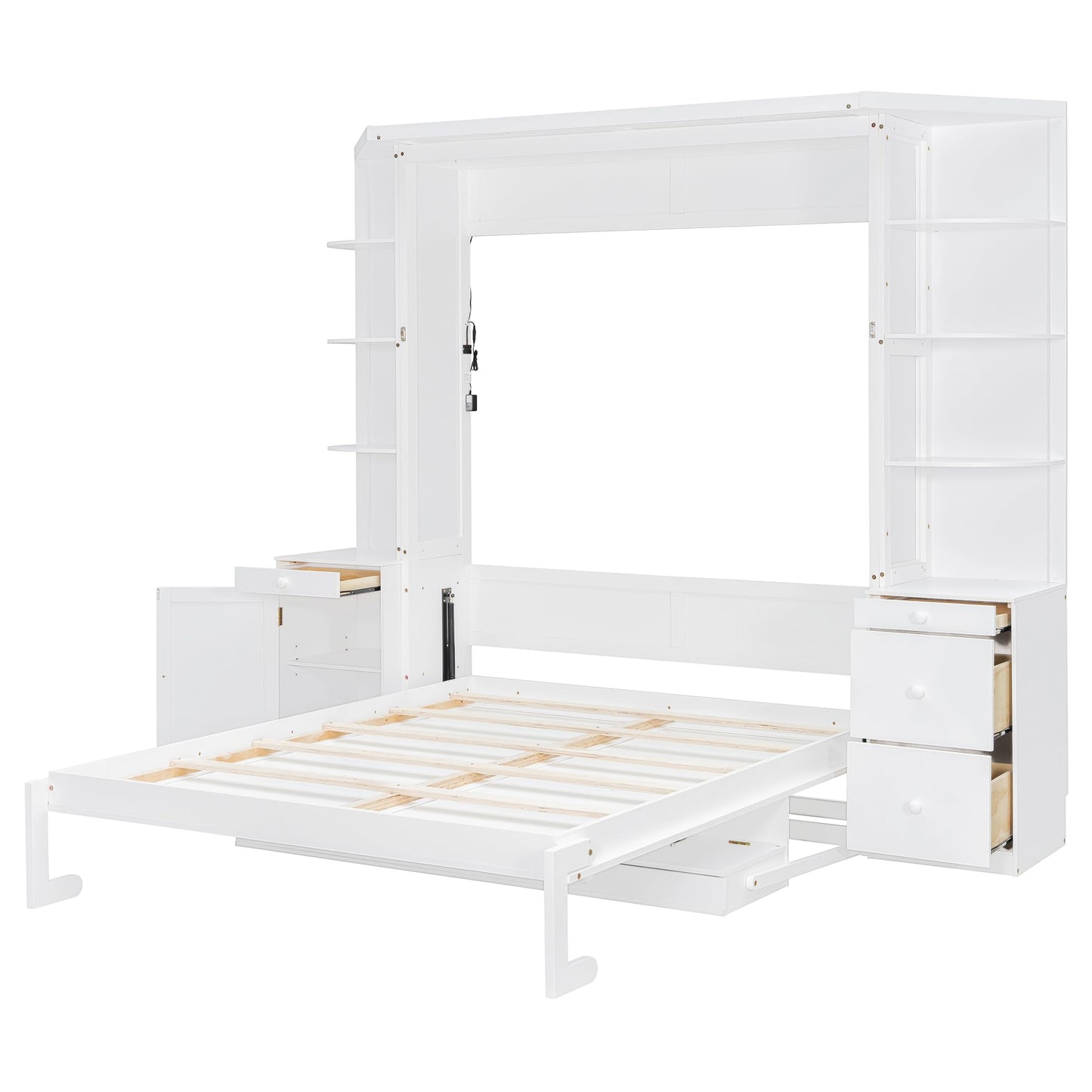Merax Queen Murphy Bed with Desk and Storage, Hidden Wall Bed with Foldout Workstation, Shelves and Cabinets for Space-Saving Home Office, White