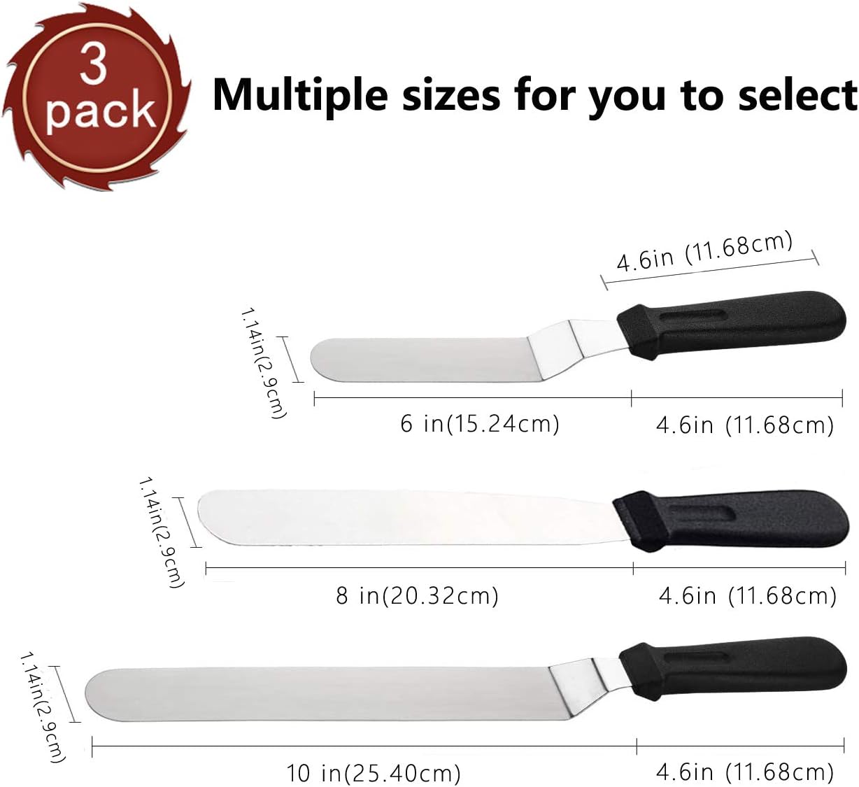 Sorxine Angled Icing Spatula Set of 3, Metal Stainless Steel for Kitchen Cake Baking Decorating, 6", 8", 10" Blade