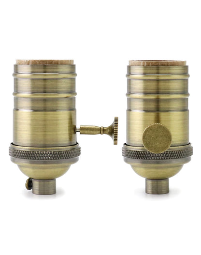 QWORK E26/E27 Lamp Socket, On/Off Vintage Rotary Turn Knob, Antique Brass Tabletop Incandescent Lamp Base Repair Kit with Switch Knob, Set of 2