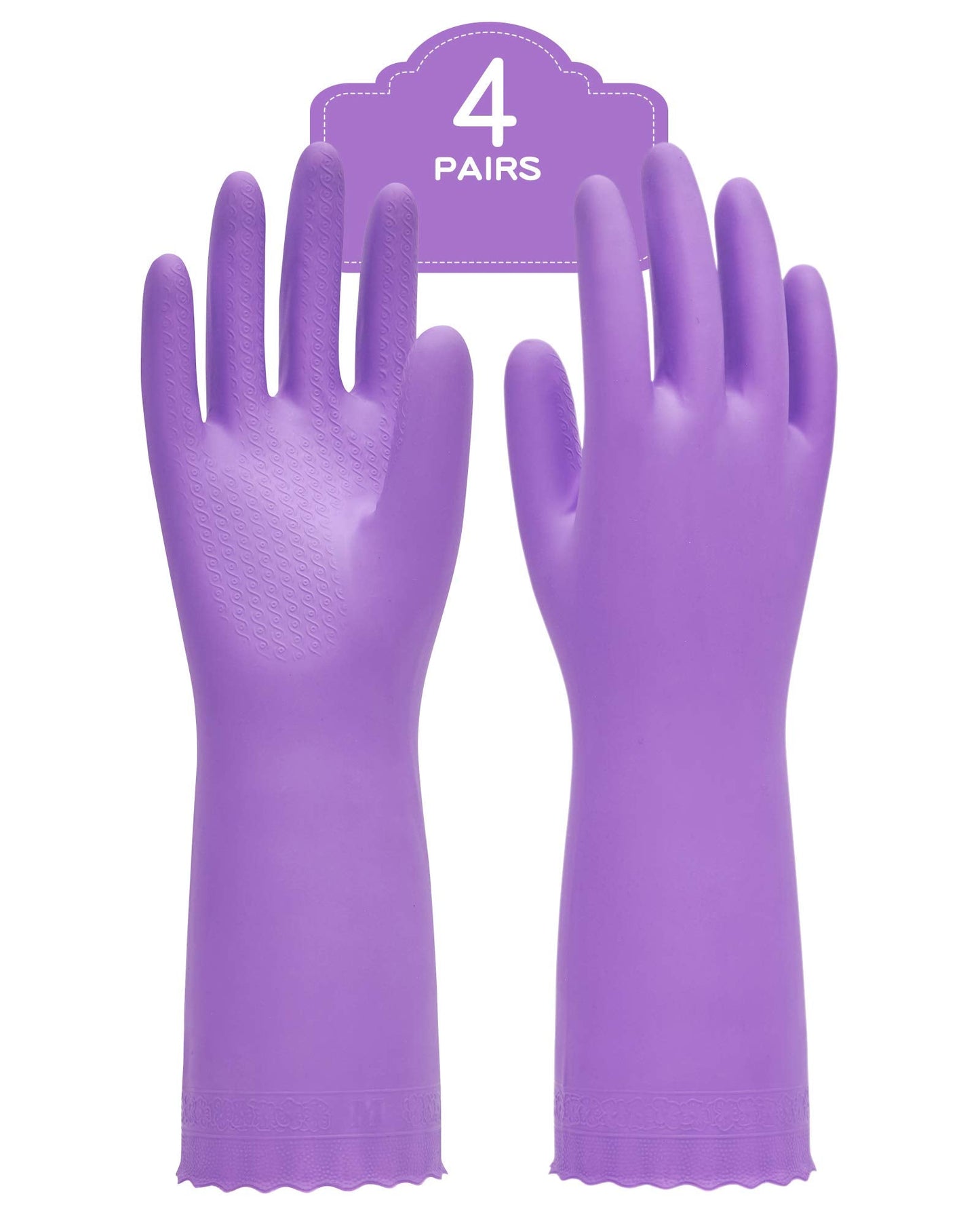PACIFIC PPE 4 Pairs Reusable Dishwashing Cleaning Gloves with Latex Free, Cotton Lining, Kitchen Gloves, Purple, Large