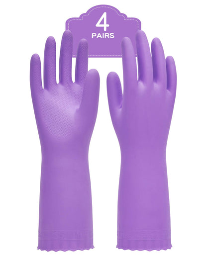 PACIFIC PPE 4 Pairs Reusable Dishwashing Cleaning Gloves with Latex Free, Cotton Lining, Kitchen Gloves, Purple, Large