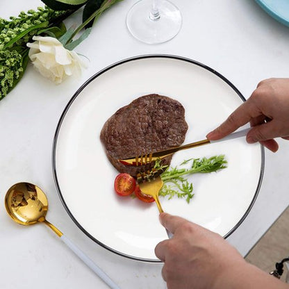 BonNoces 10 Inch Porcelain Dinner Plates, Elegant White with Black Edges Design, Classic Round Serving Plates Set for Steak, Pasta, and Salad, Set of 6