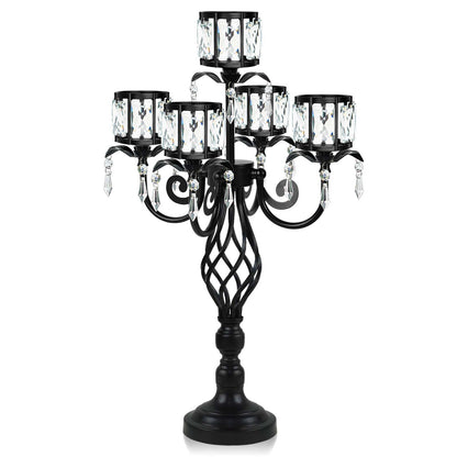23.2 inch Tall Elegant and Chic 5 Arm Pendant Crystal Candlestick Holder Table Decoration tealight Candle Holder, Candelabra for Gorgeous Wedding/Parties Table Centerpiece (1, Black)