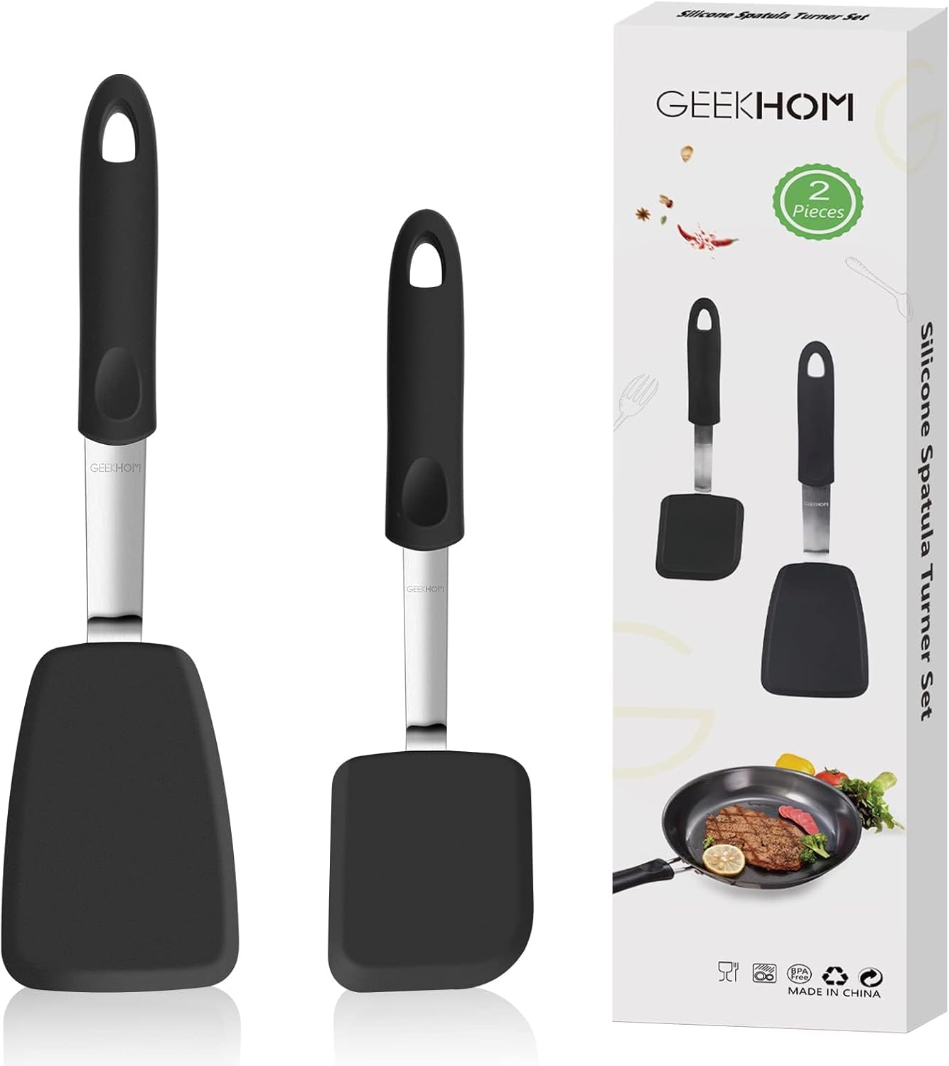 GEEKHOM Silicone Spatula Turner Set of 2, Flexible Kitchen Small Spatulas for Nonstick Cookware, 600°F Heat Resistant