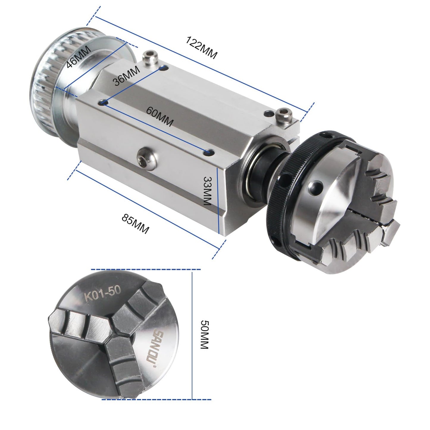 RATTMMOTOR No powered Multi-function Lathe Chuck Spindle Assemblies 895 Motor Rotary Lathe Woodworking Spindle Motor Chuck 50mm for CNC Lathe Grinder machine Table Saw (3 Jaw 50mm)