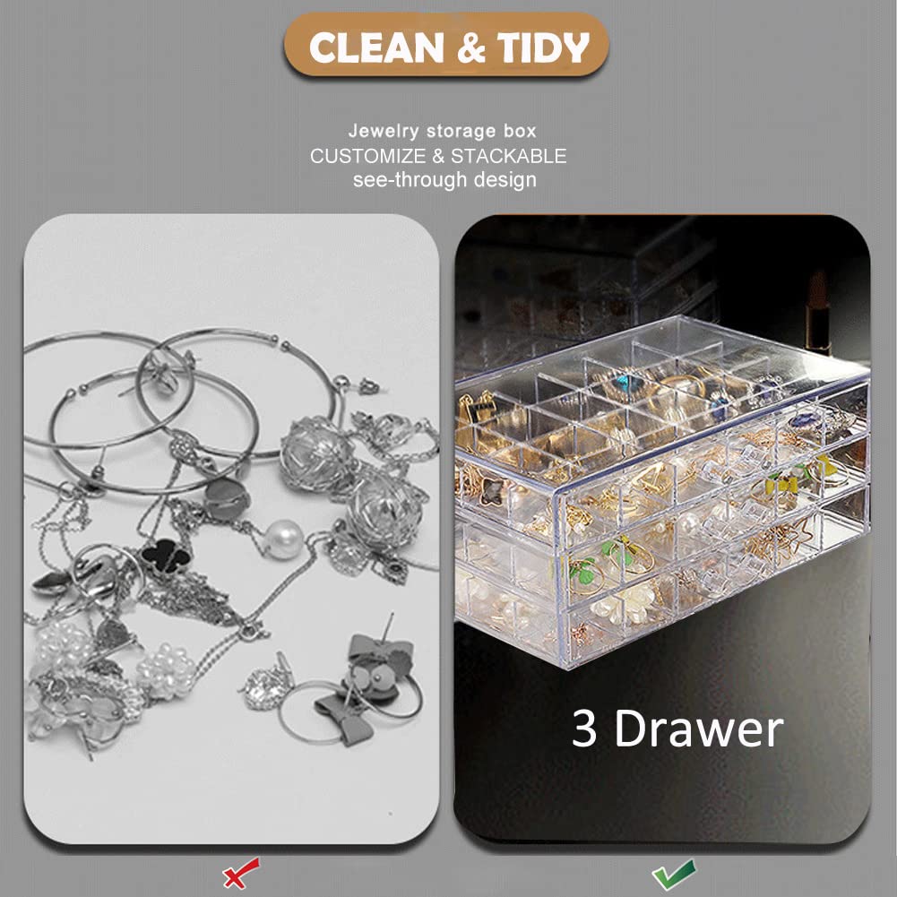 MIOINEY Compartment Storage Box 72 Grids Acrylic Organizer Box with 3 Drawers Storage Containers Transparent Organizer for Crafts Art Supply Painting Nail Tip Bead Earring Ring (Clear)