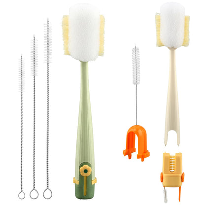 5 in 1 Bottle Cleaning Brush Set, Multifunctional Kitchen Lid Brush Cleaning Tool and Straw Cleaner, Long Handle Bottles Scrubber for Cup Lids, Hard Bristle Sponge Head Bottle Brushes