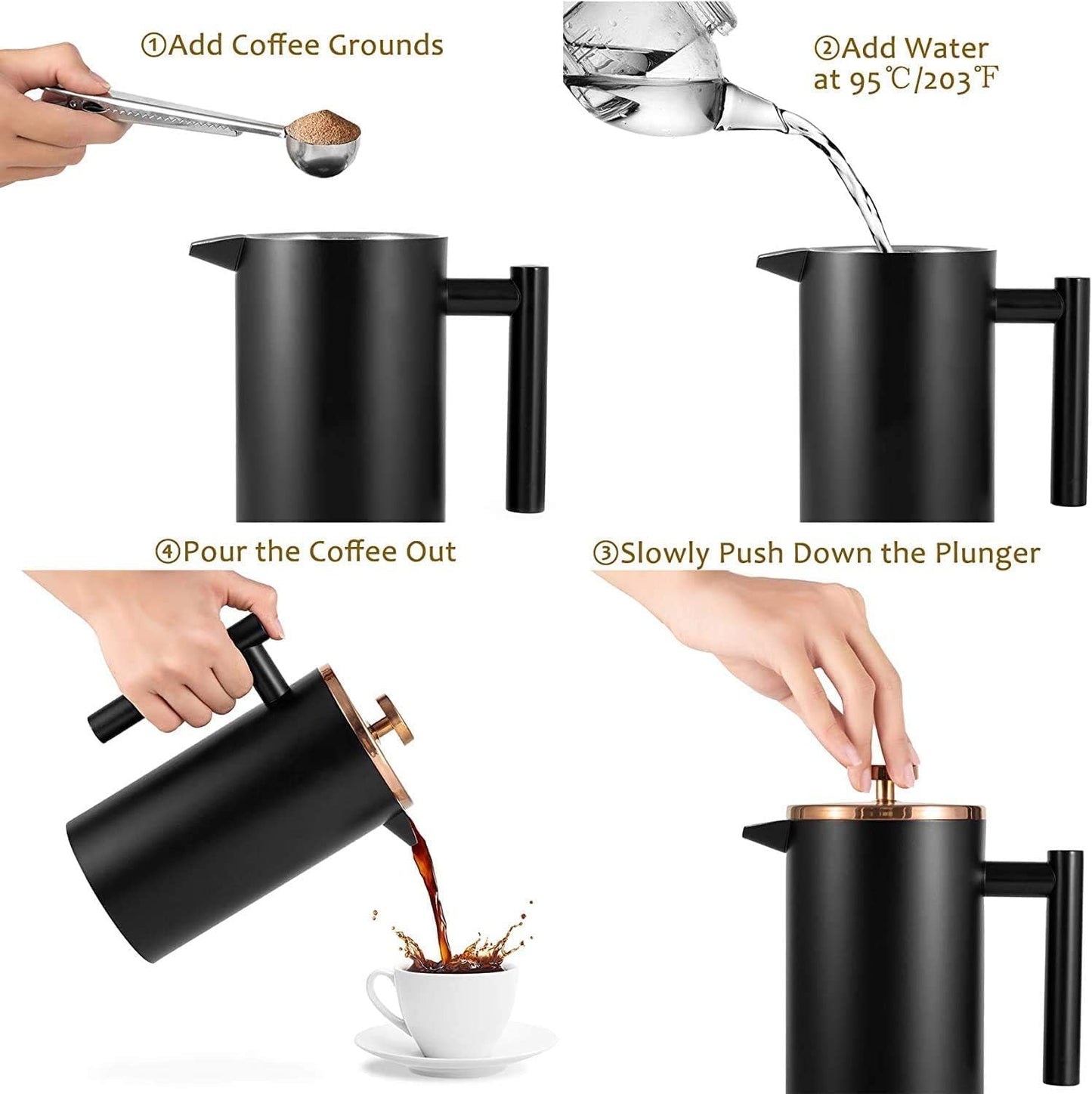 Miuly French Press Coffee Maker, 21Oz, Stainless Steel, 3 Level Filtration, Double Wall Insulated