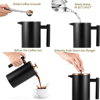 Miuly French Press Coffee Maker, 21Oz, Stainless Steel, 3 Level Filtration, Double Wall Insulated