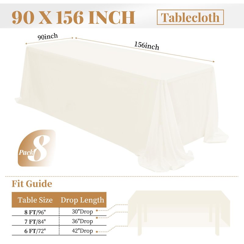 fani 8 Packs Tablecloth 90 x 156 Inch, Ivory Polyester Table-Cloth for 8ft Rectangle Tables, Stain and Wrinkle Resistant Washable Fabric Table Cover for Wedding Banquets Parties Buffet Dining