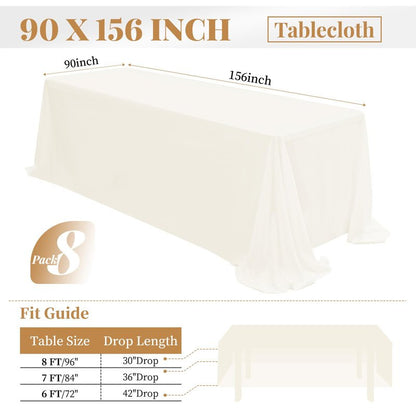 fani 8 Packs Tablecloth 90 x 156 Inch, Ivory Polyester Table-Cloth for 8ft Rectangle Tables, Stain and Wrinkle Resistant Washable Fabric Table Cover for Wedding Banquets Parties Buffet Dining