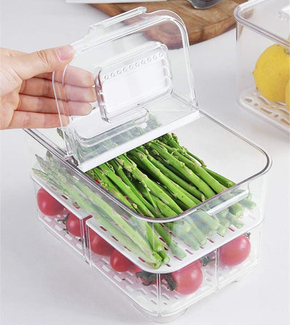 SANNO Refrigerator Food Storage Containers - Stackable Bin Organizer with Vented Lids and Removable Drain Tray