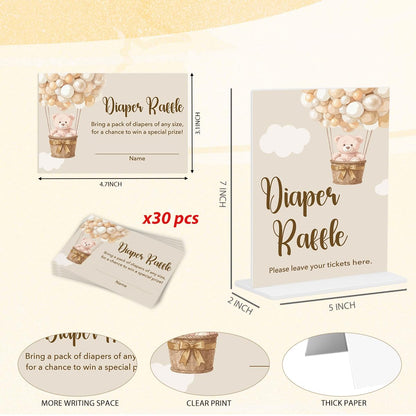 Diaper Raffle Tickets Baby Shower Game, Teddy Bear Baby Shower Decorations, Bear Babies Party Game Sign Card, Gender Reveal Decor 1 Acrylic Sign and 30 Cards Set 4503