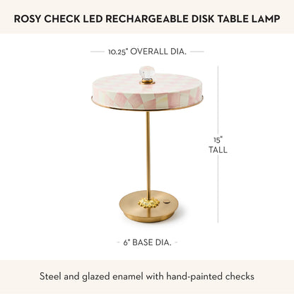 MACKENZIE-CHILDS LED Rechargeable Disk Table Lamp, Cordless Touch Lamp, Pink-and-White Rosy Check