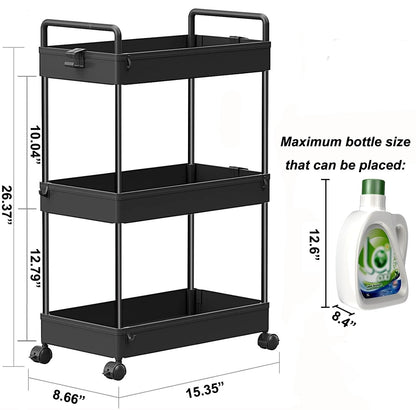 SOLEJAZZ 3 Tier Rolling Storage Cart with Wheels Slim Craft Nail Makeup Snack Art Baby Utility Cart Organizer on 2 Lockable Wheels for Bathroom Laundry Room Kitchen Bedside Narrow Spaces, Black