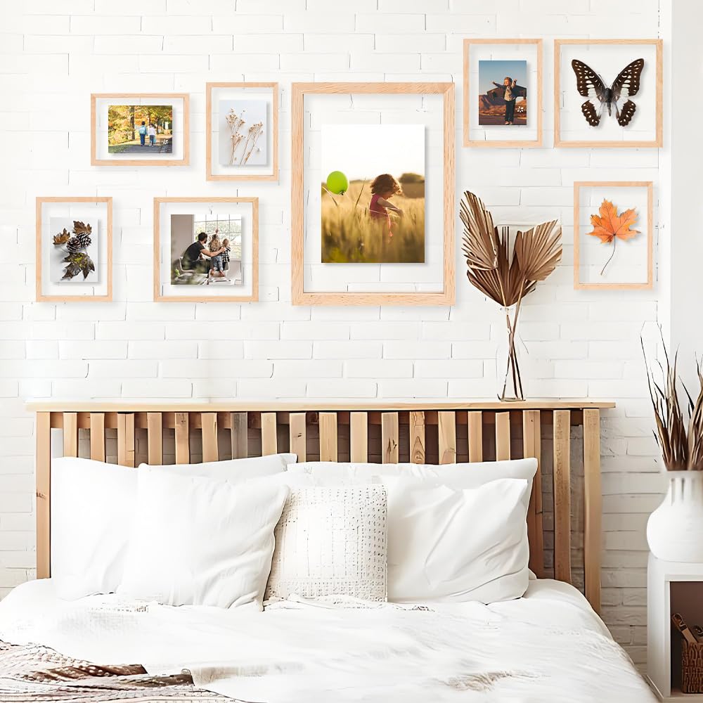 8x10 Floating Picture Frames Double Sided Tempered Glass Oak Wood Picture Frame Floating Display for Photos 6x8,5x7,4x6,or Full Display for 8"x10" Photos for Christmas,Halloween,Baby Scan,Anniversary,Wedding(Beige)
