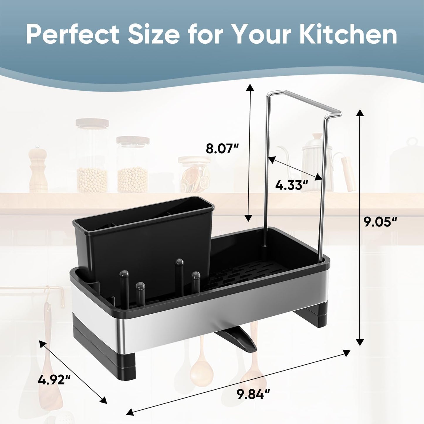 Countertop, VUSIGN Sponge Holder for Kitchen Sink, Sink Caddy Organizer with Brush Holder, Rustproof Stainless