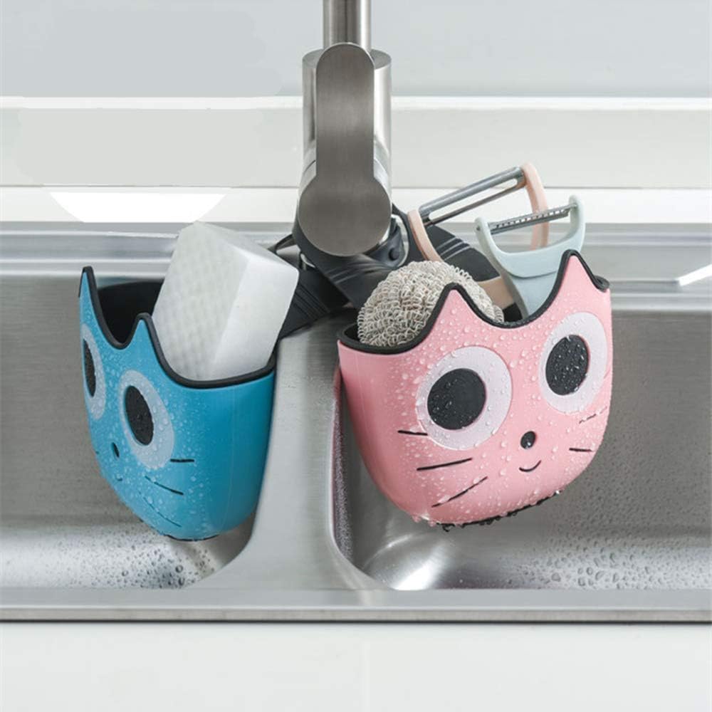 QTMY 2 PACK Cat Sponge Holder Basket with Buckle, Sink Faucet Caddy for Kitchen Bathroom