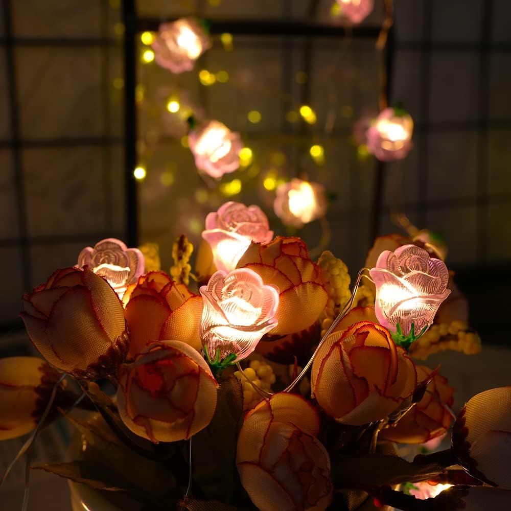 13FT 40LED Pink Rose Flower String Lights, Battery Operated Fairy Light Romantic Valentine's Day Decor, Decorative