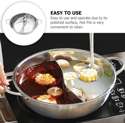 Shabu Hot Pot with Divider, Stainless Steel Dual Sided Soup Cookware for Induction Cooktop & Gas Stove, 28cm