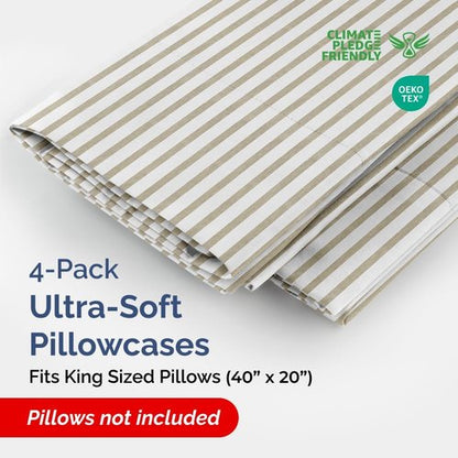 King Pillow Cases by [Brand Name] - Ultra Soft Hotel Quality Covers | Comfy, Wrinkle-Free, 4-Piece Set - Beige Stripes