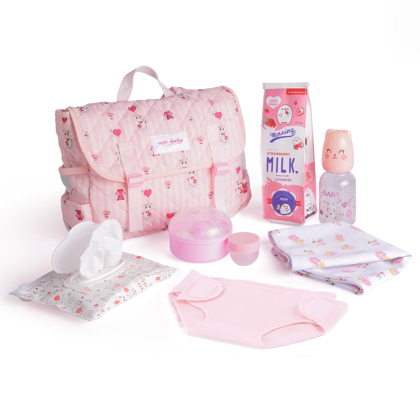BABESIDE 9 Pcs Reborn Baby Doll Accessories for 17-22 Inch Reborn Dolls, Diaper Bag Set with 2 Diapers, Changing Pad, Bottle, Tissue and Care Set, Great for Children's Pretend Play, Doll Not Included