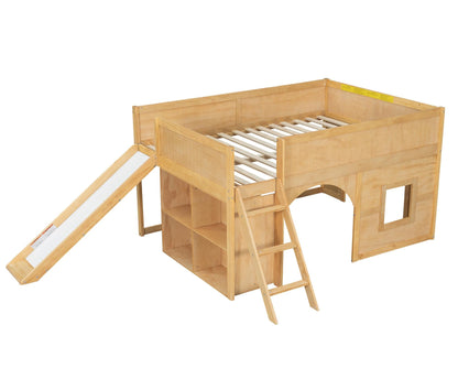 Merax Full Size Loft Bed with Slide & Stairs, Low Loft Bed for Kids, Solid Wood Bed Frame with Storage Shelve, Guard Rails, Slat Support & Under-Bed Play Space, No Box Spring Needed, Natural