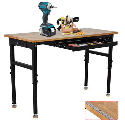 60"X24" Heavy Duty Workbench with Drawer, 29.5"-39.4" Adjustable Height, Rubber Wood Table with Lockable Wheels & Power Outlets for Garage, Workshop, Office - 2200 Lbs Capacity