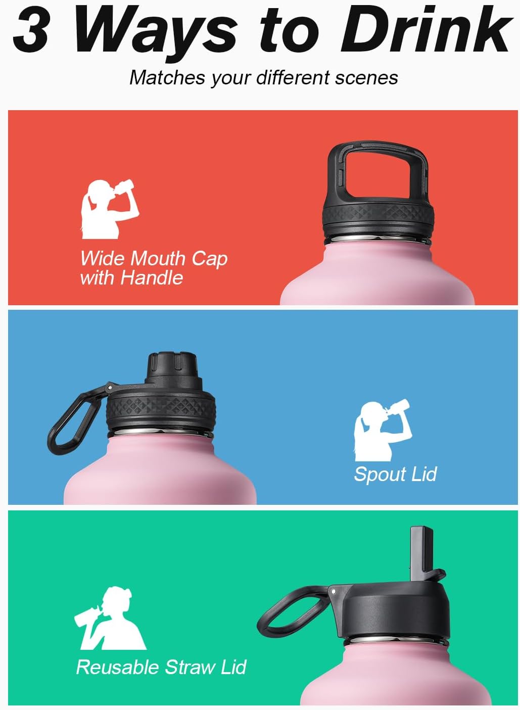 Water Bottle Insulated 64 oz with Straw & 3 Lids, Coolflask Half Gallon Metal Jug, Non-BPA